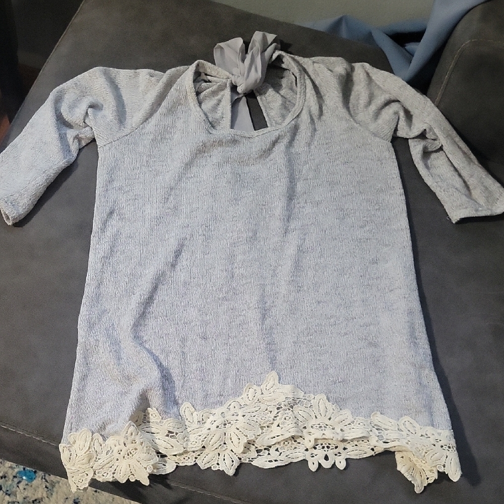 Moa Moa Gray Sweater with Cream Lace Trim